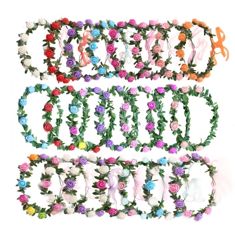 AmFor 22 Pcs Multicolor Rose Flower Wreath Crown Headband Garland Headpiece for Music Festival Celebration Beach Wedding Party - Image 1